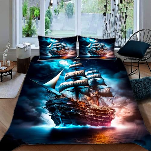 Ruiqieor Bettwäsche 135x200cm,Pirat Schiff Motiv Bettwäsche-Set, Tier Bettbezug 3teilig Mit Kopfkissenbezug Für Jungen Mädchen Schlafzimmer Atmungsaktiv Mikrofaser Baumwolle Deckenbezug?#9?