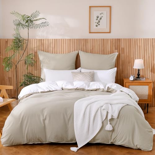 ATsense Bettwäsche 135x200 Baumwolle 4teilig, Beige Grau Bettwäsche-Sets 100% Gewaschene Baumwolle mit Leinen Textur, Oeko-TEX für Allergiker 2 Bettbezug mit 2 Kissenbezüge 80x80 cm