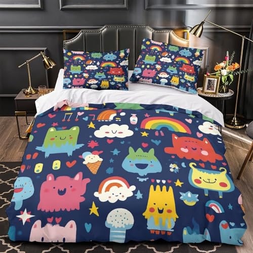 HIWQCGTAS Niedliche Monster 3D Bedruckt Bettbezug 3teilig Mikrofaser fleckenfest Cartoon-Musterdesign Deckenbezug 2 Kissenbezüge pflegeleicht Paare Familie Single (135x200cm)