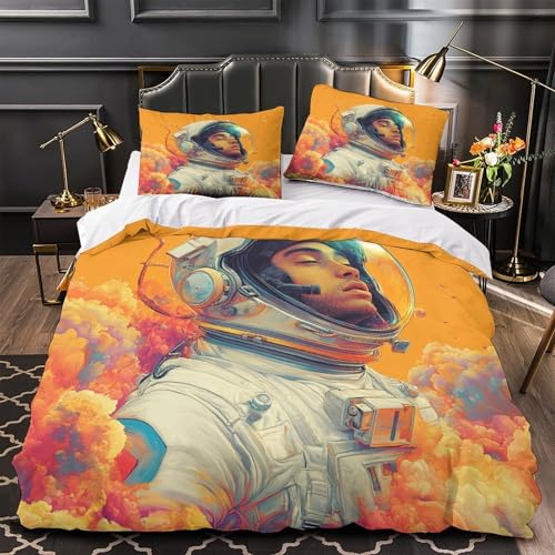 MQBASHIRP Astronaut schwebt 3D Bedruckt Deckenbezug 3teilig Mikrofaser maschinenwaschbar Weltraumfantasie Bettbezug 2 Kissenbezüge farbbeständig Erwachsene Paare Single?140x200cm?