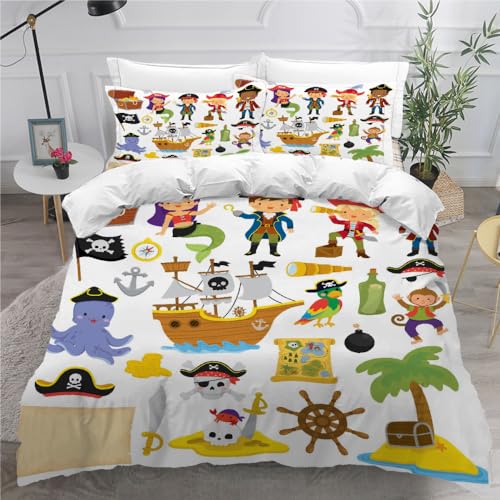 DILANI Bettwäsche 135x200 Kawaii Pirat Bettwäsche-Sets 3 Teilig 3D Meer Tier Bettbezug Weich Mikrofaser Bettbezüge mit Reißverschluss und Kissenbezug 80x80cm für Erwachsene Kinder