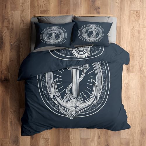 Generisch Bettwäsche 200x200, Nautische Ankere Bettbezug mit 2 Kissenbezug 80x80, 3tlg Schlafzimmer Deko, Marineblau Meer Thema Muster Weiche Mikrofaser Deckenbezug, Reißverschluss N628A