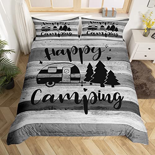 richhome Camper Bettwäsche Set 135x200,Vintage Scheunentür Streifen Bettbezug, Happy Camping Truck Graffiti Bett Set von 2-teilig, grau