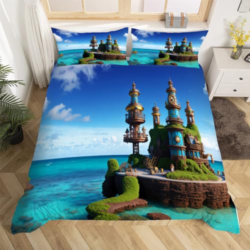 3D Schlossberg Bettwäsche 220x240 Sea Marine Themed Weiche Microfaser Bettwäsche-Sets Bettbezug mit Reißverschluss und 2 Kissenbezug 80x80 cm