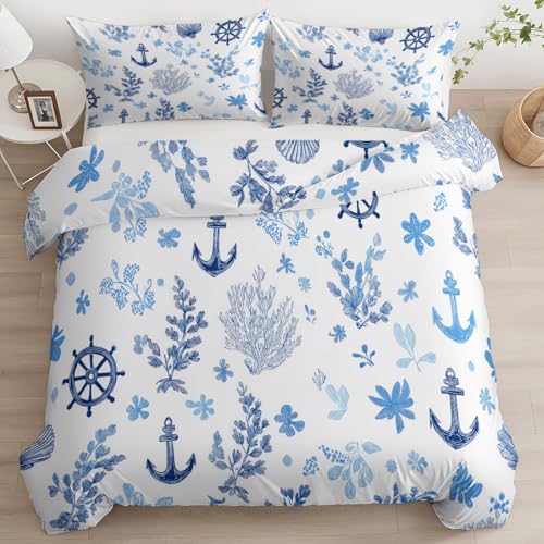 Bettwäsche 155 x 220 cm 3teilig Nautik Anker Steuerrad Blätter Wendebettwäsche Set, Weich Kuschelig Microfaser Weiß Kinderbettwäsche Teen Bettbezug mit Reißverschluss und 2 Kissenbezug 80x80cm