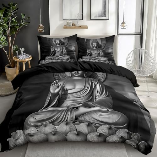 Quixora 3-teilig Bettwäsche Set Schwarz Bettbezüge für Kinder und Teenager, mit Schwarz-Weiß-Foto von Buddha Thema 135 x 200 cm + 2 Kissenbezügen, Dekor-Bettwäsche
