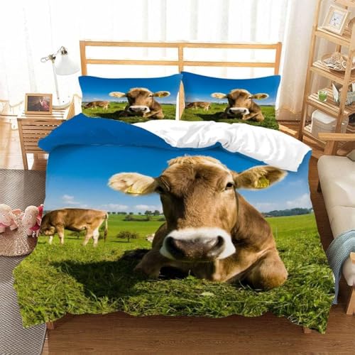 Bettwäsche 155x220 Kuh Weich Kuschelig Mikrofaser 3D Bettbezug Set Landhaus-Ranch Bettwäsche-Sets 3 Teilig Bettbezüge mit Reißverschluss und 2 Kissenbezüge 80x80 cm B-1984