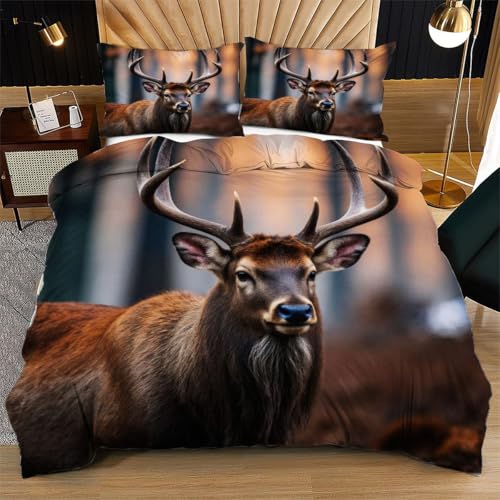 Nuphtun Quadratisches Bettwäsche Set 180x200 Brauner Elch, 3D Bettdeckenbezug Quadratisch mit 2 Kissenbezügen | Luxuriöse Microfaser-Qualität | Extrem weich und anschmiegsam N398
