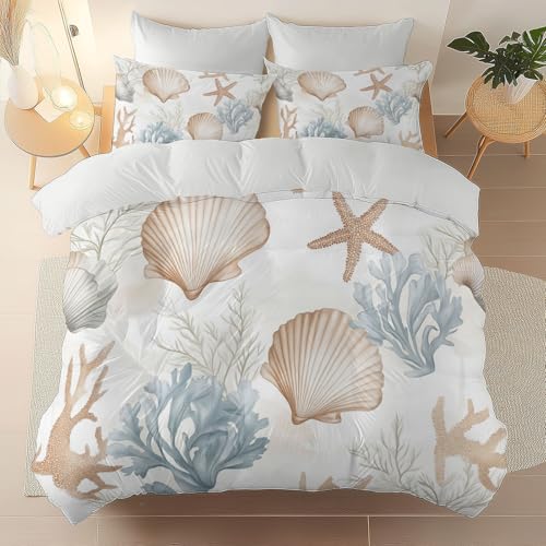 Hellblau braunes Bettwäsche Aquarell Muscheln Seesterne Bedruckter Thema Bettbezug, Für Paar Teen Weiche Tagesdeck 200 x 200 cm Bettwäsche-Set mit 2 Kissenbezug 80 x 80 cm