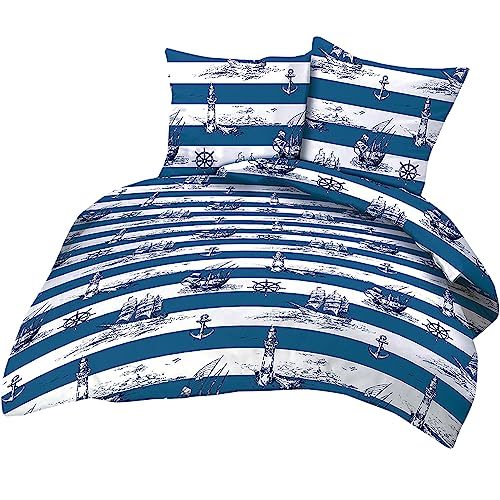 Heubergshop 2-teilige Seersucker Bettwäsche 135x200cm + 80x80cm - Leuchtturm, Maritime, Anker, Schiff in dunkelblau und weiß - Bettgarnitur, 100% Baumwolle, bügelfrei (BS-736-2)