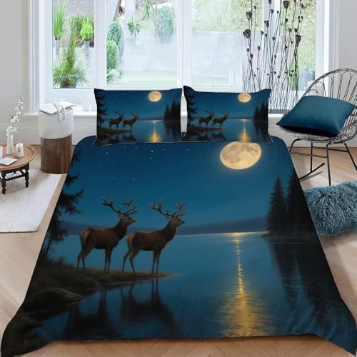 Hirsch Bettwäsche 200x200 Mond über einem See Bettwäsche-Sets für Mädchen Jungen Kinder Weiche Mikrofaser 3D Drucken Bettbezug mit Reißveschluss und 2 Kissenbezüge 551.B