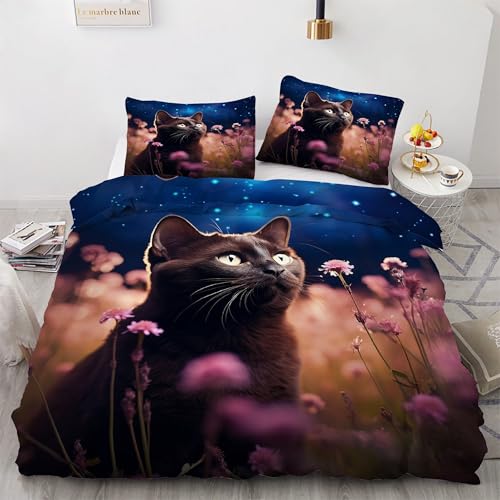 YZQGLHP Bettbezüge 135x200 Burma-Katze, Bettwaesche Blumen, Bettbezug Mikrofaser 3teilig, Bettwäsche Weich Atmungsaktiv und 2 Kissenbezüge 80x80 cm, mit Reißverschluss