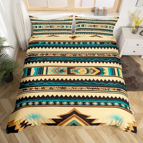 Homemissing Southwestern Bettwäsche Set 200x200cm Tribal Native Bettwäsche-Set mit Reißverschluss Türkis Braun Bettbezug mit 2 Kissenbezüge