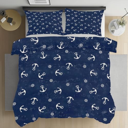 Dpvbffx Nautisch Anker Bettwäsche Sets, Weich Kuschel 3 Teiliges, Abenteuer Modern Bettbezug Mikrofaser, Malerei Schmücken Bettbezüge mit Reissverschluss 135x200 cm, 2 Kissenbezüge 80x80 cm