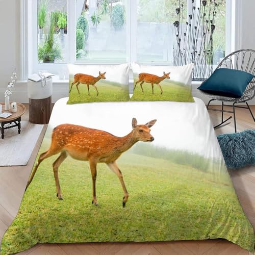 Hirschmuster Bettwäsche 135x200 Sika-Hirsch Bettwäsche Set, 3D Bettbezug Set Weich Microfaser Bettbezüge 2 Teilig Sambar Wendebettwäsche für Einzelbett, mit 1 Kissenbezug k1003