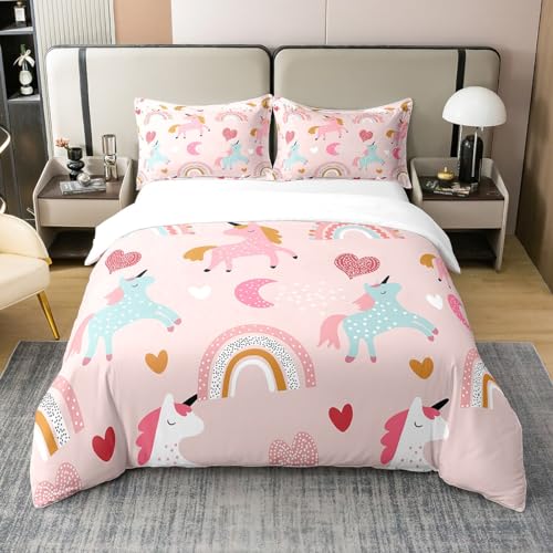 Loussiesd Einhorn Bettwäsche Kinder Mädchen Einhörner Bettwäsche Set 155x220cm 100% Baumwolle Für Jugendliche Teenager Rosa Pferd Herz Regenbogen Tiere Motiv Bunt, Weich