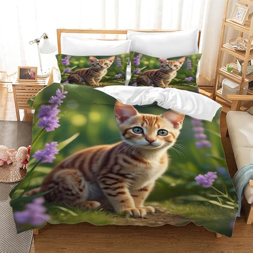 BSYYZQC Bettwäsche 135x200 Katze Microfaser BettwäSche-Sets mit ReißVerschluss, Tier Hautfreundlich Bettwaren, Bedding EnthäLt 1 Bettbezug und 2 Kissenbezug 80x80
