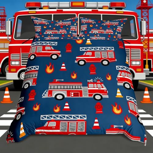 Loussiesd Cartoon-Auto-Bettwäsche- Set, Feuerwehrauto-Bettwäsche -Set für Kinder, Jungen, Mädchen, Teenager, Raumdekoration, Feuerwehrmann, Feuerwehrauto, Feuerwehrauto, Blau, Rot, 2-teilig, Einzelgröße