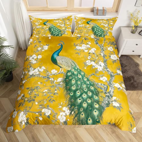 Homewish Retro Pfauen Blumen Bettbezug 155x220 für Mädchen Frauen Erwachsene,Elegantes Pfau Tierdruck Bettwäscheset Vintage Blumenmuster Wunderschöner Bettwäsche Luxuriöse Bettgarnituren 2 Teilig
