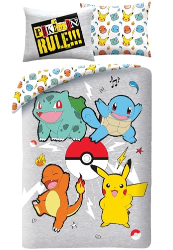 Bettwäsche Pokemon Rules, Bettbezug 140 x 200 cm + Kissenbezug, mit Pikachu, Bisasam, Glumanda und Schiglotte