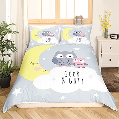 Loussiesd Kinder 135x200cm Bettwäsche Set Süß Eule Bettwäsche für Mädchen Jungs Teenager Mond Sterne Wolke Muster Bettbezug Set Grau mit 1 Kissenbezug 100% Mikrofaser Weich atmungsaktiv Betten Set