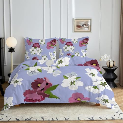 HYSNKSM Bettwäsche 200x220 Lila Bettwäsche Sets 3Teilig Mikrofaser Bettbezug 200 x 220 und 2 Kissenbezug 80x80 cm Kuschelige Bettbezüge Blumen Im Landhausstil mit Reißverschlusc4296