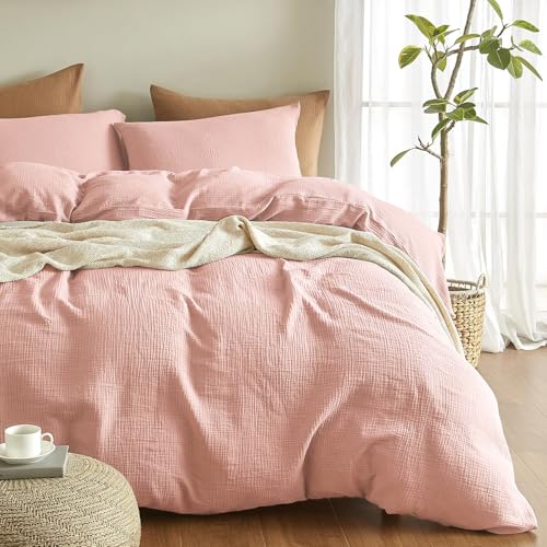 Boqingzhu Doppelte Musselin Bettwäsche Rosa 135x200cm Baumwolle Weich Kuschelig Sommer Baumwollbettwäsche Set Leinen Pink Altrosa Bettbezug 135x200cm und Kissenbezug 80x80cm