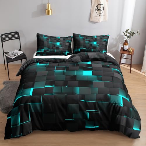 HOSIMA Technologie Würfel 3DMuster Bettwäsche,200 x 200 cm,Schwarz Türkis,Bettwäsche-Set,1 Bettbezug,2 Kissenbezug,mit Reißverschluss,geeignet für Kinder,Jugendliche und Erwachsene