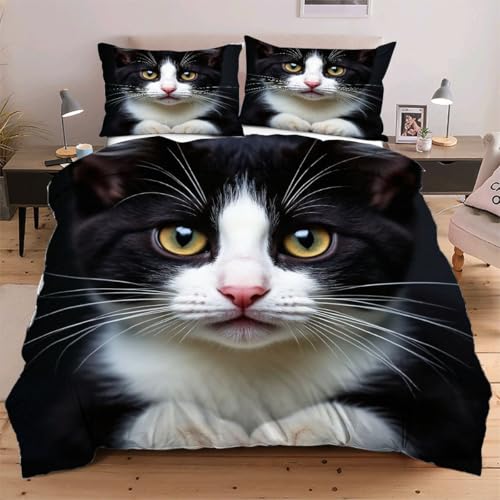 Fotmung Bettwäsche 180x200 Schwarze Katze, Bettwäsche - Set 3 Teilig 100% Mikrofaser für Kinder Erwachsene, Bettbezüge 200 x 220 cm + 2 Kissenbezüge 80 x 80 cm mit ReißverschlussB4