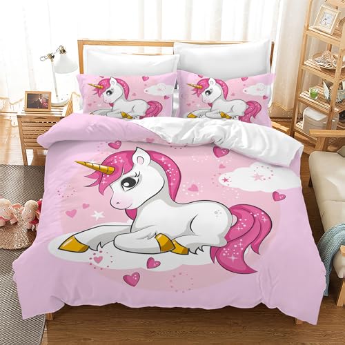 Leleyouzer Kinder Einhorn Bettwäsche Set,Rosa Einhorn Bettwäsche für Mädchen,Weicher und Kuscheliger Mikrofaser Bettbezug für Mädchen mit 2 Kopfkissenbezügen 50 x 75 cm (Einhorn 3, 135×200 cm)