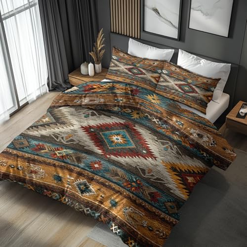Generisch Azteken Bettwäsche 155x220 2er Set Mit Western Landhausstil Indisch Muster, Bettbezug Set Bügelfreie Bettwäsche Mit Reißverschluss, Kissenbezug, Azteken Deko