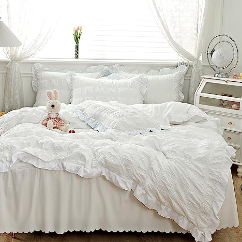 GETIYA Mädchen Damen Bettwäsche 155x220 Exquisite Seersucker Bettwäsche mit Rüschen Elegant Weiß Bettwäsche Einfarbig Flauschige Mikrofaser Bettbezug Zweiteilig mit 1 Kissenbezug 80x80