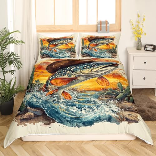Loussiesd Kinder Western Hecht Fisch Bettwäsche Set 135x200cm,Jagd und Angeln Betten Set Jungen Mädchen Schlafzimmer Dekor, Vintage Western Stile Angeln Bettbezug Set Fisch Bettwäsche-Set