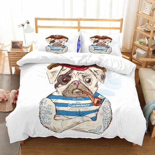 MYAUEYSU Bettwäsche Set 100% Baumwolle ist,Illustration eines Piraten-Mops auf blauem Hintergrund im Vektor eps10,und allem auch für Personen mit Hautsensibilisierung empfohlen 152x203cm