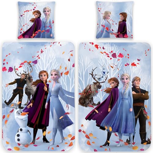 Disney Frozen 2 Wende-Bettwäsche Die Eiskönigin Fairytale 135 x 200 cm + 80 x 80 cm 100% Baumwolle Linon/Renforcé mit Reißverschluss Anna ELSA Olaf Sven Kristoff Kinder-Bettwäsche Deutsche Größe