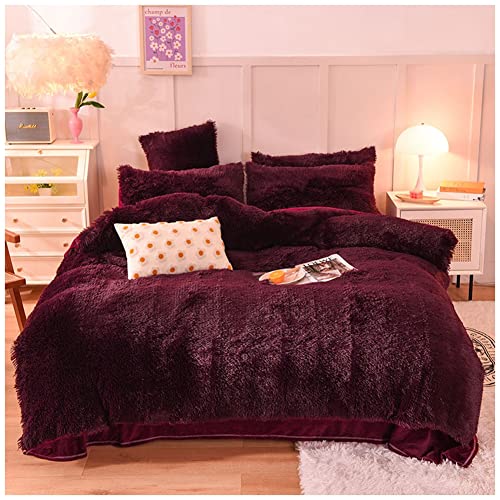 Plüsch Bettwäsche Winter Flauschig Warme Bettbezug Fleece Flausch Langhaar Kunstfell Plüschbettwäsche Set mit 1 Einfarbig Bettlaken, 2 Kissenbezug, Bettwäsche Set 4 Teilig,Weinrot,220 * 240cm