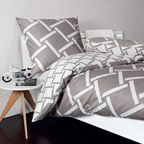 Janine Bettwäsche J.D. 8480 07 Streifen Striche Gestreift Taupe Weiß Grau Mako Satin, Größe:135 cm x 200 cm