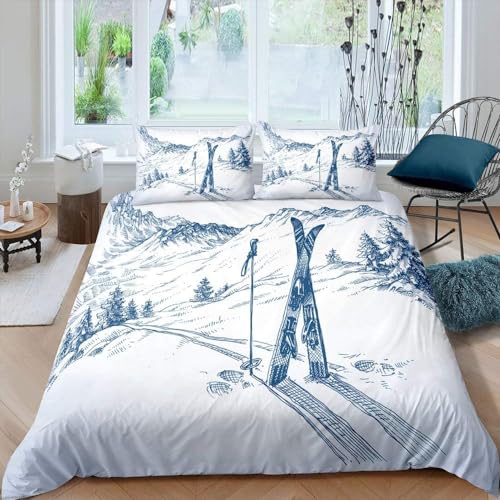 Schlittenfahren Bettwäsche 135x200 3D Schneebergmuster Bettwäsche-Sets Weiche Komfortabel Microfaser Bettbezug mit Reißverschluss and 2 Kissenbezüge 80x80 4358-B