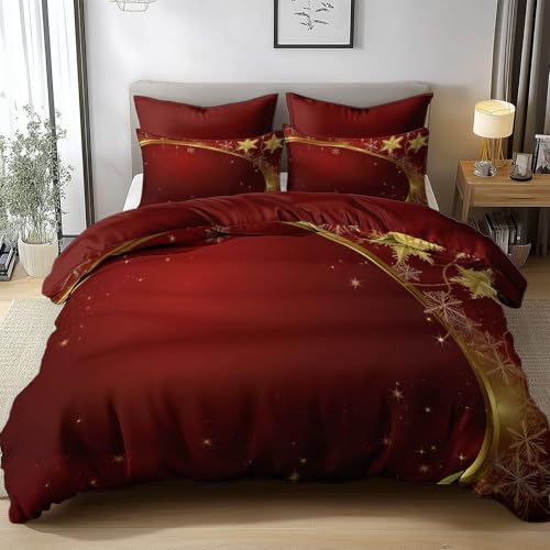 Bettbezug Set 220x240cm Weihnachten Rote Schneeflocken Bettwäsche Set 3 Teilig, Weich und Bügelfrei Bettbezug mit Reißverschluss und 2 Kissenbezüge 80x80cm, für Allergiker geeignet