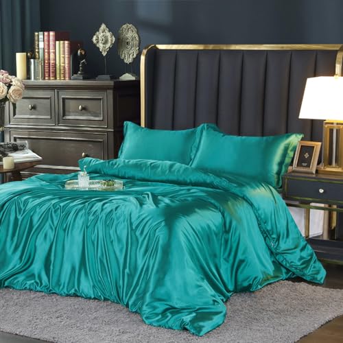 DXHOME Satin Bettwäsche 135x200 cm Grün Türkis Glänzend Seiden Glatt Einfarbig Bettwäsche Sets Luxus Uni Microfaser Bettwäsche Bettbezug Set Einzelbett mit Reissverschluss und Kissenbezug 80x80