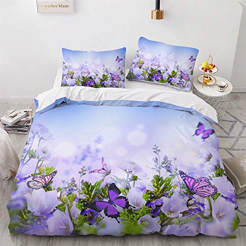 Luowei Bettwäsche Blumen 135x200cm Lila Blüten Schmetterling Vintage Floral Bettbezug und 1 Kissenbezug 80 x 80cm Weiche Microfaser Bettwäsche Set für Einzelbett