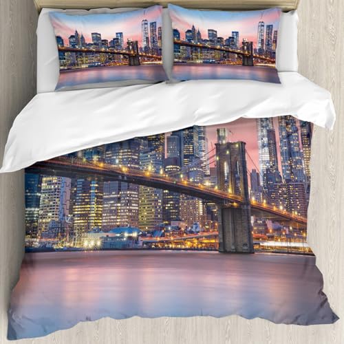 MJNLYDAO Sleeptime 100% Baumwolle Bettwäsche - Bettbezüge mit Reißverschluss - Set mit 2 Kissenbezüge,Brooklyn Bridge und die Skyline von Lower Manhattan unter einem violetten Sonnenun,228x264 cm