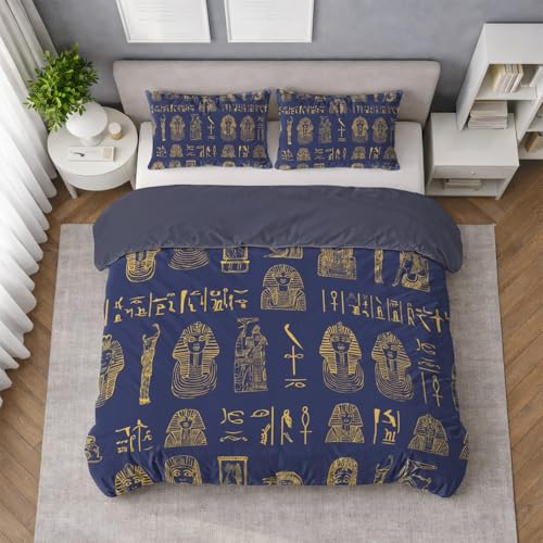 Bettwäsche 140 x 200 cm Marineblau Superweiche Mikrofaser Bügelfrei Wende Bettbezüge mit Reißverschluss Traditionell Design Atmungsaktiv & kuschelig Bettwäsche-Set Goldene Pharaonen Kunst Königlich