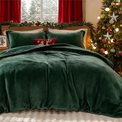 Lanqinglv Winter Bettwäsche 200x220cm Biber Dunkelgrün Grün Samtweichem Plüsch Flanell Unifarben Bettbezug mit Reißverschluss und 2 Kissenbezug 80x80cm
