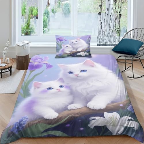 EMYXPAQM Perserkatze Kätzchen Bettwäsche Set Weiches Microfaser Bettbezug Mit 3D Flieder Iris Zweig-Design Mit Reißverschluss & Kissenbezug Für Erwachsene Kinder Single?135x200cm?