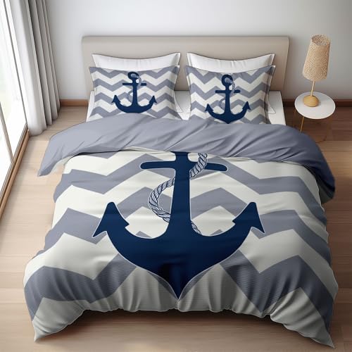 Generisch Bettwäsche 240 x 220 cm Mikrofaser Bettbezug mit Kissenbezug 80 x 80 cm - 3D Bedrucktes Bettwäsche-Set Navigation Anker Wellen Weich und kuschelig knitterfrei für Teenager Erwachsene, Grau