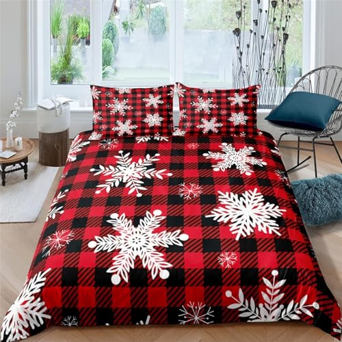 Schneeflocke Bettwäsche 155x200 Rot-schwarz kariert Bettwäsche-Sets für Mädchen Jungen Kinder Weiche Mikrofaser 3D Drucken Bettbezug mit Reißveschluss und 2 Kissenbezüge L-3385