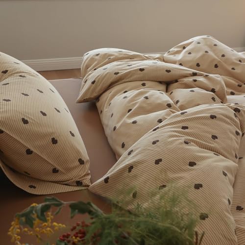 Lanqinglv Bettwäsche 200x200 cm Braun Herzen,Aesthetic Gestreift Bettwäsche mit Herzmotiv aus Microfaser,Bettwäsche Allergiker Bettbezug und 2 Kissenbezug 80x80 cm