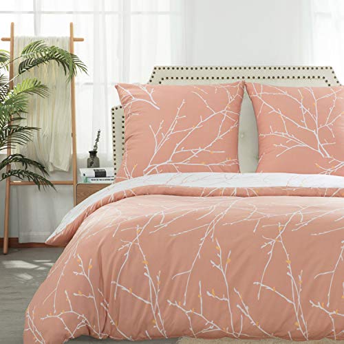 Bedsure Baumwolle Bettwäsche 155x220 cm Rosa/Beige Bettbezug Set mit schickem Zweige Muster, 3 teilig weiche Flauschige Bettbezüge mit Reißverschluss und 2 mal 80x80cm Kissenbezug