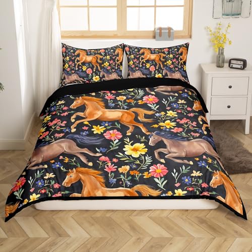 Loussiesd Pferd Bettwäsche Set 135x200cm Galoppieren Pferd Betten Set 3D Wild Bauernhof Tier Bettbezug Set Retro Floral Bettdeckenbezug Dekoration Olive Schwarz Bettbezug Loussiesd Pferd Bettwäsche Set 135x200cm Galoppieren Pferd Betten Set 3D Wild Bauernhof Tier Bettbezug Set Retro Floral Bettdeckenbezug Dekoration Olive Schwarz Bettbezug